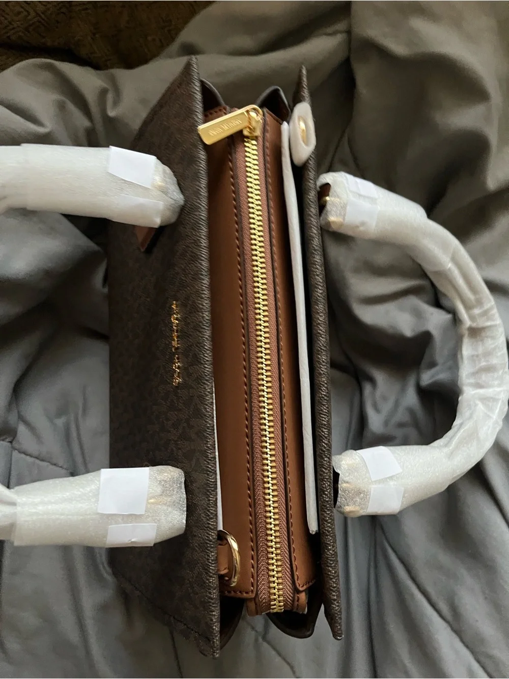Michael Kors Dark Brown Logo Satchel with Tan Accents